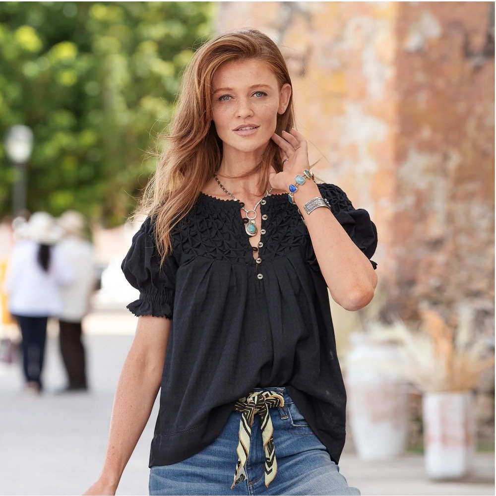 Sundance Lodi Smocked Peasant Blouse Large Black Puff Sleeve Boho Cottagecore